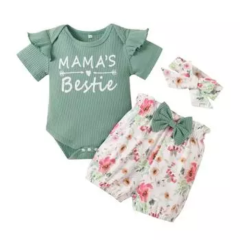 Комбинезон в полоску с буквами для девочек, шорты с цветочным принтом, повязка на голову, боди в рубчик, комплект L/90