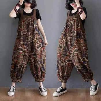 Комбинезон в стиле ретро с французским принтом, летние женские свободные укороченные брюки, закрывающие мясо, цельные шаровары в стиле вестерн M