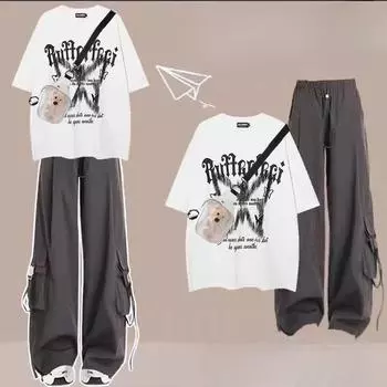 Комбинезон женский костюм летний принт бабочки футболка с короткими рукавами + хип-хоп широкие брюки бесплатная сумка-мессенджер XXL