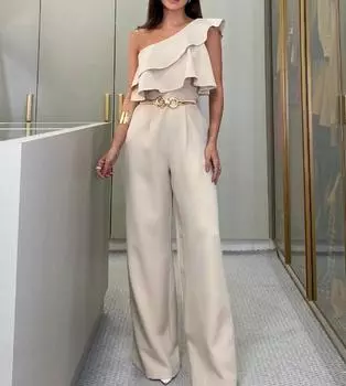 Комбинезон женский, летний модный, с рюшами на подоле, на одно плечо, повседневный, простой, без рукавов, повседневный, длинный, широкий, без пояса, комбинезон S бежевый