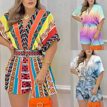 Комбинезон женский, летний, женский, свободный, повседневный, с принтом, элегантный, женский, модный, с v-образным вырезом, с коротким рукавом, шорты на талии, комбинезон S синий/фиолетовый
