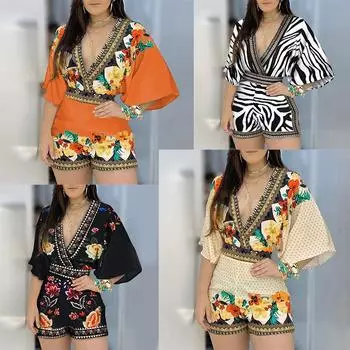 Комбинезон женский, повседневный, с цветочным принтом, с открытой спиной, с рукавами 3/4, женская одежда, Monos Mujer Elegante S темно-синий