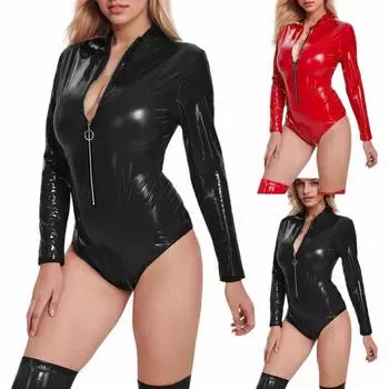 Комбинезон, женское нижнее белье из лакированной кожи, соблазнительный комбинезон, кожаная куртка, галстук, одежда для ночного клуба с горячим тиснением L чёрный