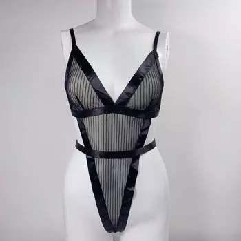 Комбинезон-жилет со шнуровкой, с прозрачными полосками и строчкой Black (real with garter belt) L