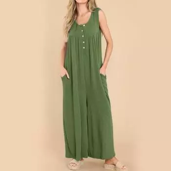 Комбинезоны без рукавов Повседневный модный комбинезон на пуговицах с широкими штанинами и карманами L зелёный