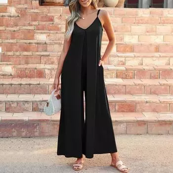 Комбинезоны без рукавов Повседневный модный комбинезон Широкие свободные брюки L чёрный