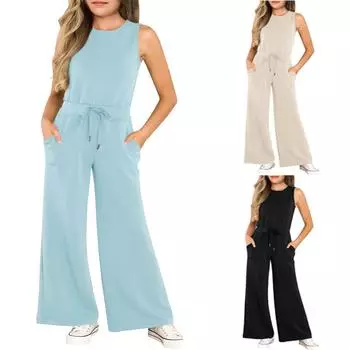 Комбинезоны для девочек без рукавов с круглым вырезом и широкими штанинами для маленьких детей и больших детей 120 чёрный