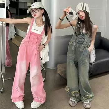Комбинезоны для девочек, летние детские джинсы, модные и универсальные, среднего размера, детские брюки, уличные брюки с карманами 170 синий
