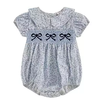 Комбинезоны для девочек с бантом, вышитым принтом, воротником-стойкой, комбинезоны с коротким рукавом, боди, летняя одежда 0-3M
