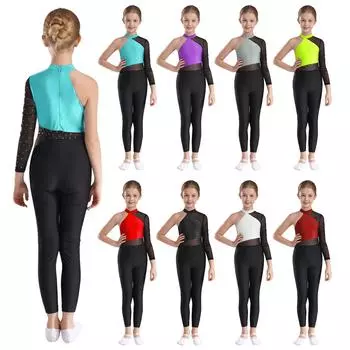 Комбинезоны для девочек с одним сетчатым рукавом, закрывающие все тело, гимнастическая форма для балета, современный танцевальный костюм для фигурного катания 5-6 Years чирковый