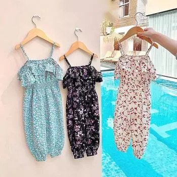 Комбинезоны для девочек в западном стиле Net Celebrity, цельная одежда без бретелек с цветочным принтом, детские комбинезоны 11