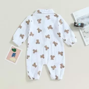 Комбинезоны для маленьких девочек и мальчиков с принтом медведя, отложной воротник и длинные рукава, комбинезоны для младенцев, весенне-осенние повседневные боди для новорожденных 6-12 Months белый