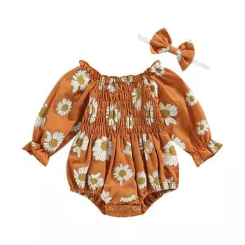 Комбинезоны для маленьких девочек, комплект с длинными рукавами и повязкой на голову с принтом ромашки для малышей 12-18 Months зелёный