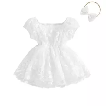 Комбинезоны для маленьких девочек, платье, многослойная тюлевая юбка с пышными рукавами и цветочной вышивкой, боди для малышей с повязкой на голову 0-3 Months белый