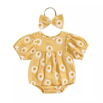 Комбинезоны для маленьких девочек с принтом ромашки, с короткими рукавами и круглым вырезом, боди для малышей, летняя одежда с повязкой на голову 3-6 Months жёлтый