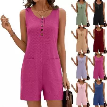 Комбинезоны для женщин, летние, повседневные, без рукавов, с круглым вырезом, короткие комбинезоны, свободный крой, на пуговицах, с карманами XL
