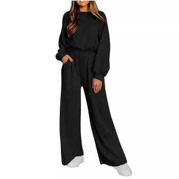 Комбинезоны для женщин, летние повседневные комбинезоны с длинным рукавом, прямые повседневные брюки M чёрный
