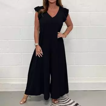 Комбинезоны для женщин, летние повседневные комбинезоны с рюшами и рукавами, повседневные брюки с прямыми штанинами L чёрный