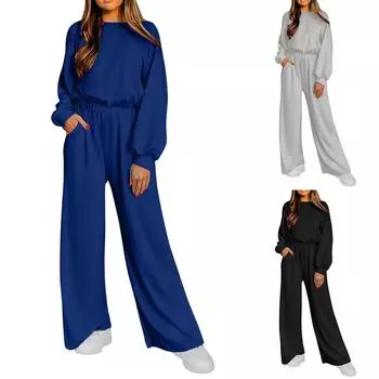 Комбинезоны для женщин, летние повседневные комбинезоны с длинным рукавом, прямые повседневные брюки M чёрный