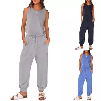 Комбинезоны для женщин, повседневные комбинезоны без рукавов с R-образным вырезом, тренировочные комбинезоны с карманами S