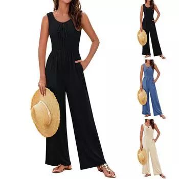 Комбинезоны для женщин, завязывающиеся спереди комбинезоны, топы со сборками, широкие штанины, повседневные трикотажные наряды с карманами L бежевый