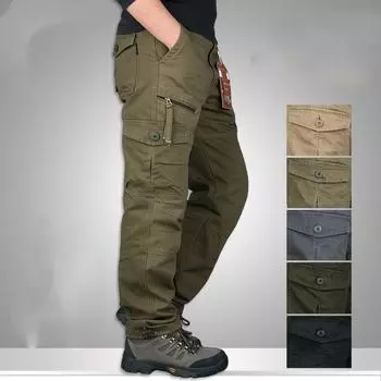 Комбинезоны мужские весенне-летние тонкие прямые свободные брюки с несколькими карманами Модные молодежные мужские брюки больших размеров для спорта и отдыха 3XL чёрный
