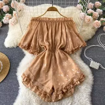 Комбинезоны с французским нежным принтом, женские сексуальные комбинезоны с короткими рукавами и широкими штанинами, летняя мода, пляжный комбинезон с открытыми плечами One Size зелёный