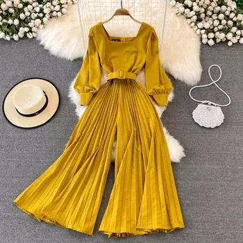 Комбинезоны с V-образным вырезом для женщин, длинные рукава-фонарики, пояс, свободные широкие брюки со складками, уличная мода, боди OL One Size чёрный