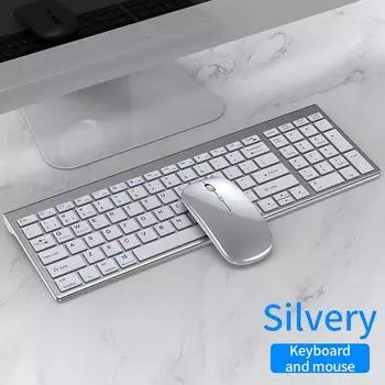 Комбинированная беспроводная клавиатура с мышью Bluetooth, трехрежимная бесшумная полноразмерная беспроводная клавиатура для ноутбуков, ноутбуков, настольных ПК, планшетов серебряный