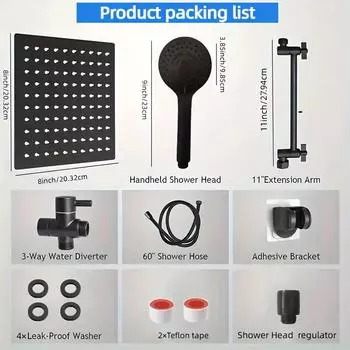 Комбинированная душевая насадка 8 дюймов с дождевой душевой насадкой высокого давления с 11-дюймовым регулируемым удлинителем и комбинированной ручной душевой насадкой с 5 настройками чёрный