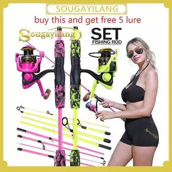 Комбинированная катушка для удочки 5,5 футов, 5 секций, дорожная удочка, 13BB, спиннинговая катушка, набор катушек для удилища для карпа и окуня 5.5FT Rod&Reel 1000 розовый