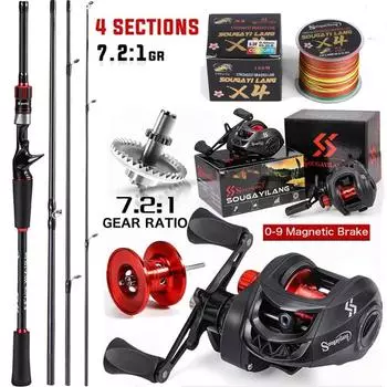 Комбинированная катушка для удочки Sougayilang длиной 1,8–2,1 м из углеродного волокна и удочкой 7,2 м.:1 Передаточное число Baitcasting Ree Max Drag 10 кг для окуня 1.8m and Left Hand красный