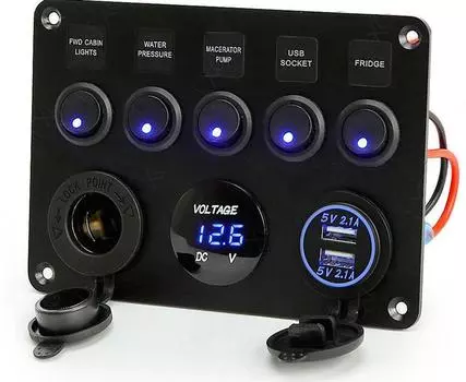 Комбинированная панель для автоприцепа с синей подсветкой Комбинированная панель для колеса автомобиля Лодка Яхта Плюс USB и прикуриватель чёрный