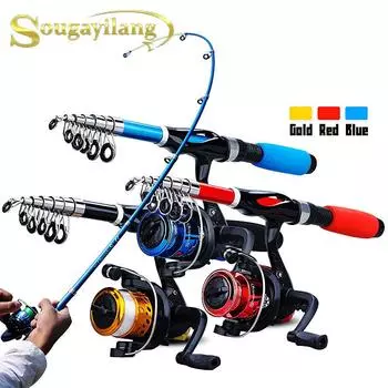 Комбинированная спиннинговая рыболовная катушка и удочка Sougayilang, телескопическая удочка 3,2 фута/4,9 фута с набором катушек для пресноводной береговой рыбалки 1.0 M чёрный