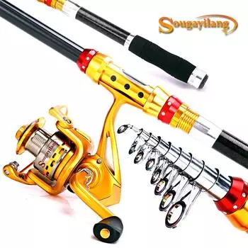 Комбинированная удочка и катушка Sougayilang, телескопическая удочка из карбона с наборами спиннинговых катушек 1.8M2000reel золотой