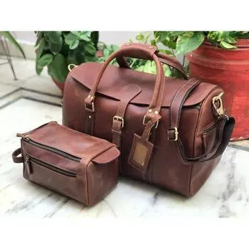 Комбинированное предложение: Дорожная сумка из средне-коричневой кожи с набором для косметики, женские сумки и кошельки, мужская сумка для ночных поездок для людей в возрасте. 18 x 11 x 10 in коричневый
