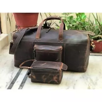 Комбинированное предложение: Кожаная мужская дорожная сумка, Кожаная мужская косметичка, бесплатная доставка, Персонализированные подарки для него, Кожаный комплект Dopp 24 x 13 x 9 in коричневый