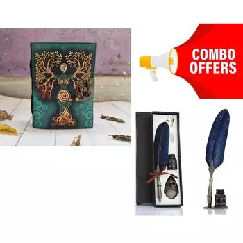 Комбинированное предложение Винтажная перьевая ручка с резьбой/кожаный гримуар «Мать земли» Винтажная бумажная тетрадь для письма, книга теней 7 x 5 in