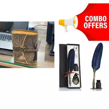 Комбинированное предложение Винтажная ручка с перьями для резьбы/Древо жизни Кожаный журнал Антикварный ручной работы с декоративным краем Винтажный бумажный гримуар 7 x 5 in