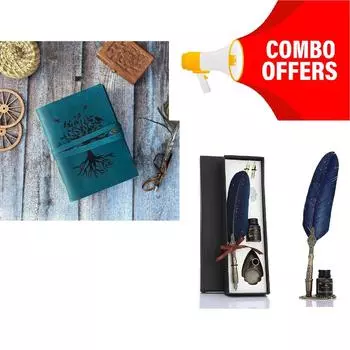 Комбинированное предложение: винтажная перьевая ручка с резьбой/кожаный журнал «Древо жизни», блокнот в кожаном переплете небесно-голубого цвета, письмо для свадебного гостя 7 x 5 in синий