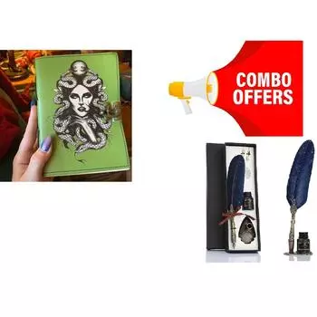 Комбинированное предложение, винтажная ручка с перьями для резьбы/кожаный журнал с принтом Медузы, журнал с тенями, кожаный альбом для рисования, гримуар 7 x 5 in