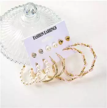 Комбинированные 6 пар сережек-кольцов и запонок с хрустальным жемчугом золотистый