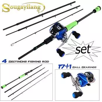 Комбинированные катушки для кастинговой удочки, 4-секционная удочка Baitcaster 2,1 м/2,4 м и кастинговая рыболовная катушка 17+1BB 2.1M Rod&Left Hand чёрный