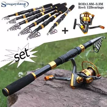 Комбинированные спиннинговые удочки и катушки из углеродного волокна 1,8–3,0 м с рыболовными катушками, дорожный рыболовный набор Rod1.8m&1000