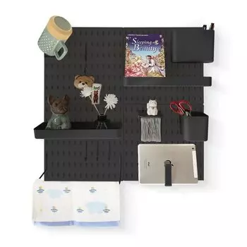 Комбинированный комплект перфорированной доски, 4 доски, 12 аксессуаров, кронштейны с крючками для полки, контейнер без перфорации для гаража, кухни, офиса (черный) чёрный