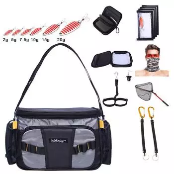Комбинированный комплект рыболовных снастей Kylebooker, полный комплект: сумка для снастей, сумка для приманок, связка приманок, обертки для приманок, подсак, защитная веревка, вешалка для ботинок, рыболовный шарф, мета-приманка-ложка S чёрный