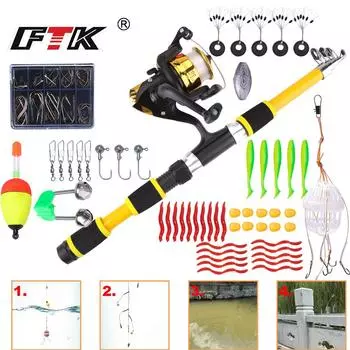 Комбинированный комплект удилища и катушки FTK, включает спиннинговую катушку. (с линией), Удилище 1,8 м/4,9 фута, леска, искусственная бионическая приманка, грузило в комплекте. 1.8m/4.9ft красный