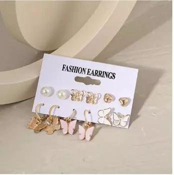 Комбинированный набор из 6 пар запонок-бабочек с кристаллами и сережек-колец золотистый