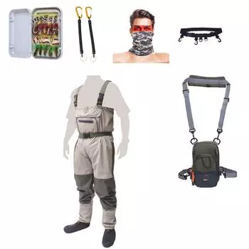 Комбинированный полный комплект рыболовных снастей Kylebooker, нагрудные кулики, нагрудный комплект, мушки, защитная веревка, рыболовный шарф, забродный ремень S хаки
