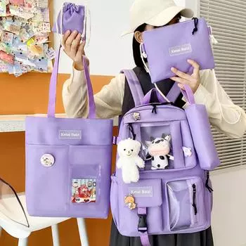 Комбинированный рюкзак из 4 предметов, пенал, холщовый студенческий рюкзак, элементарная повседневная сумка для книг фиолетовый